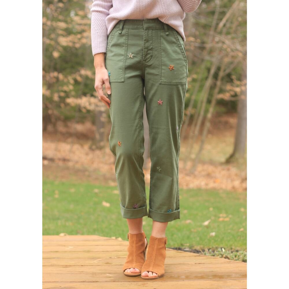 Anthropologie Women's Embroidered Floral Straight Leg Pants 26 Olive Green